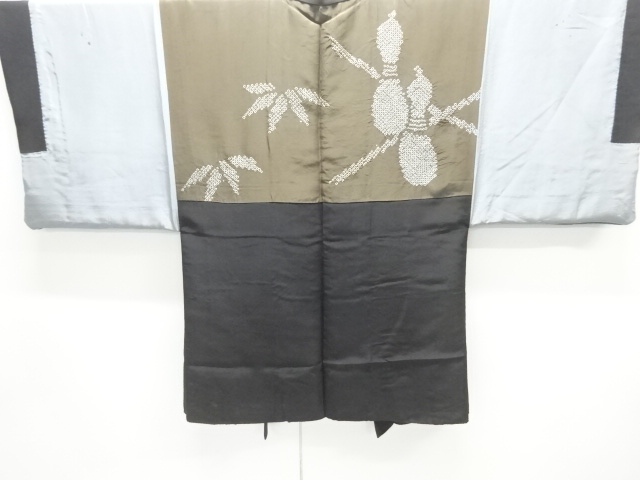 アンティーク　絞り瓢箪に笹模様肩裏紋付羽二重男物羽織